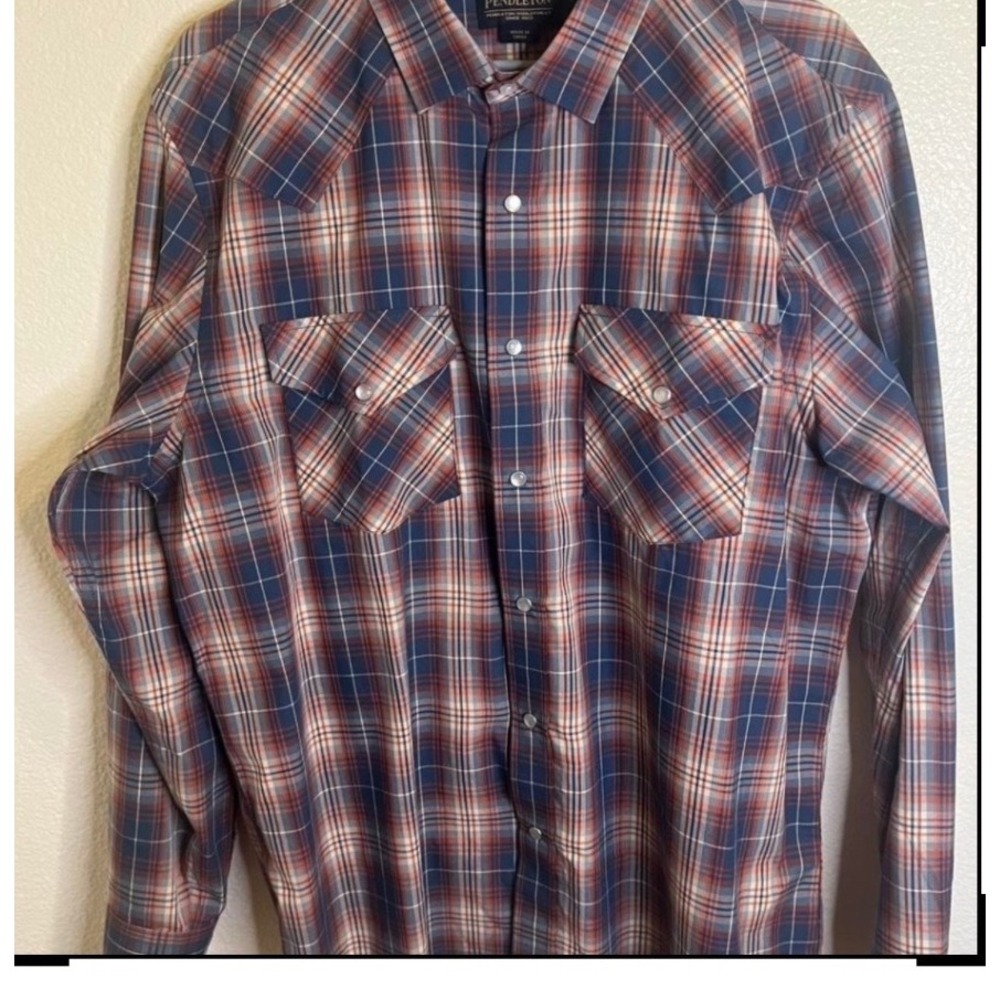 Pendleton Mens Western Snap Plaid Shirt Large Red Blue Pearl Snap Long Sleeve